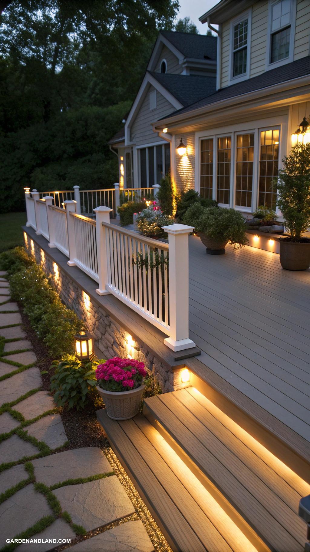 deck along side of house Solar powered illuminated night deck