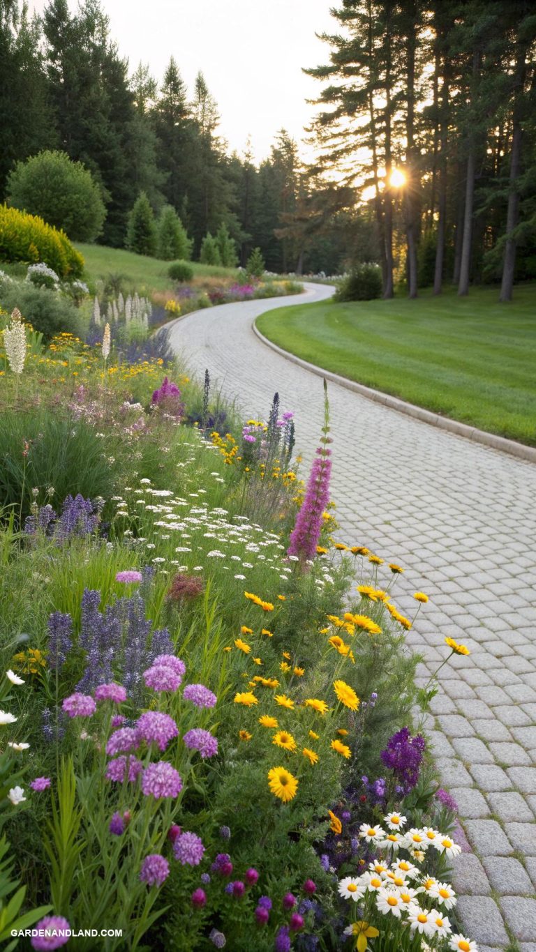 driveway ideas Wildflower garden landscape alongside driveway