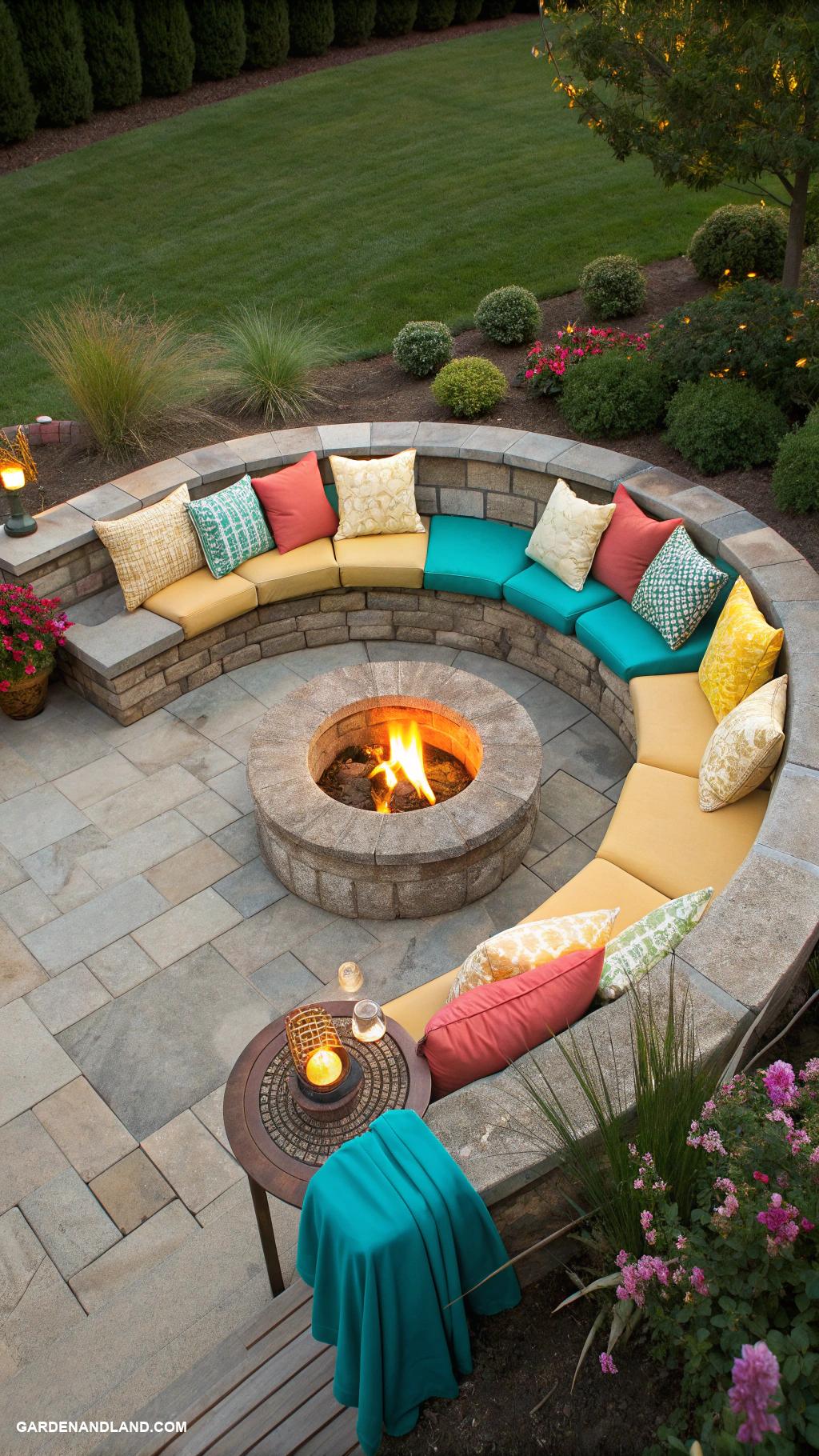 edge of house landscaping ideas Fire pit surrounded by colorful seating