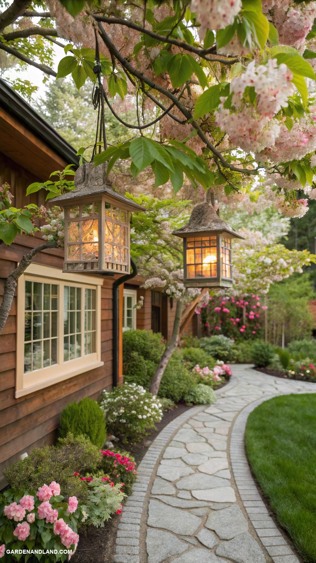 edge of house landscaping ideas Hanging lanterns in tree branches