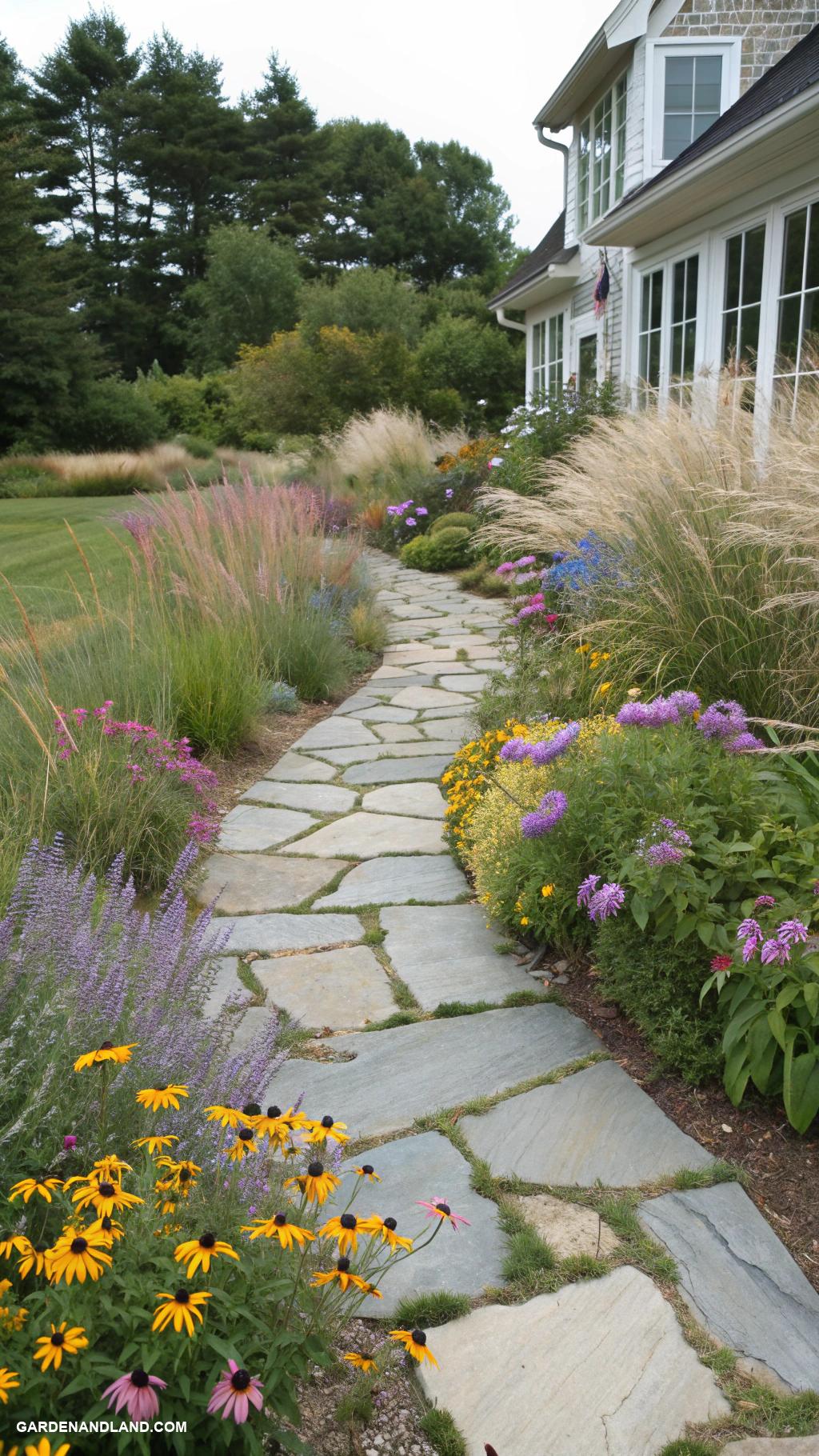 edge of house landscaping ideas Meandering stone path through native plants