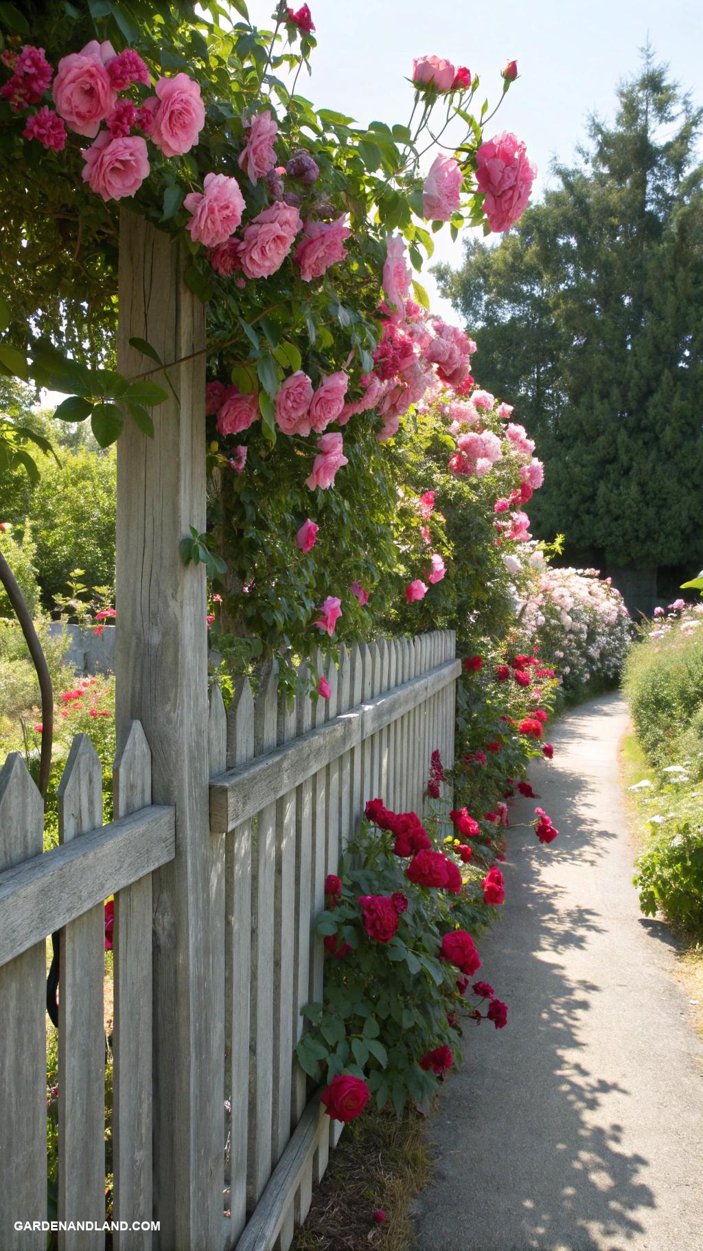 edge of house landscaping ideas Rustic fence adorned with climbing roses