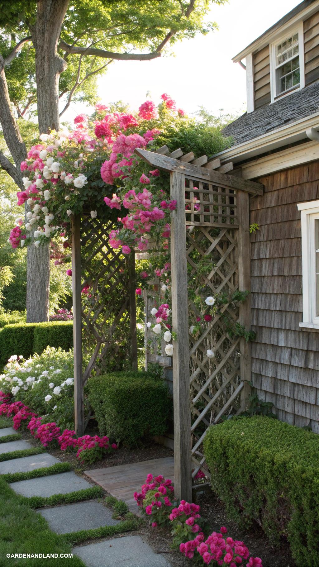 edge of house landscaping ideas Trellis covered in flowering vines