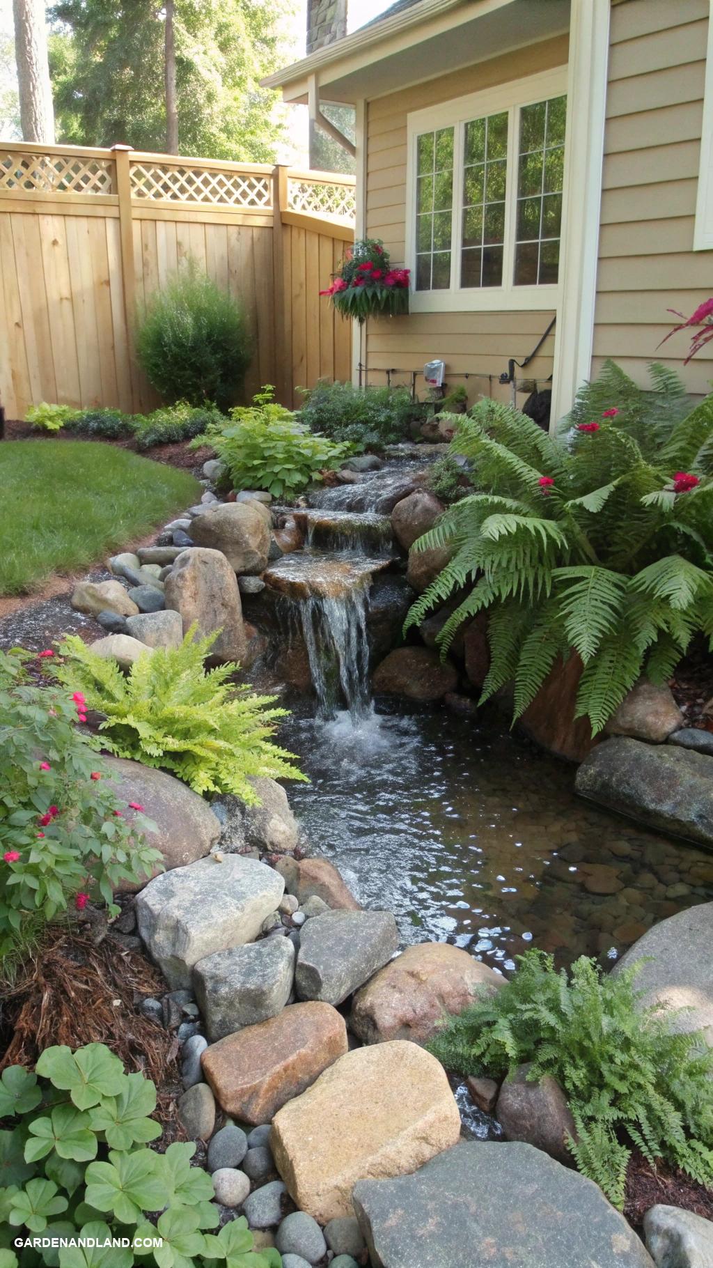 edge of house landscaping ideas Water feature using natural stones