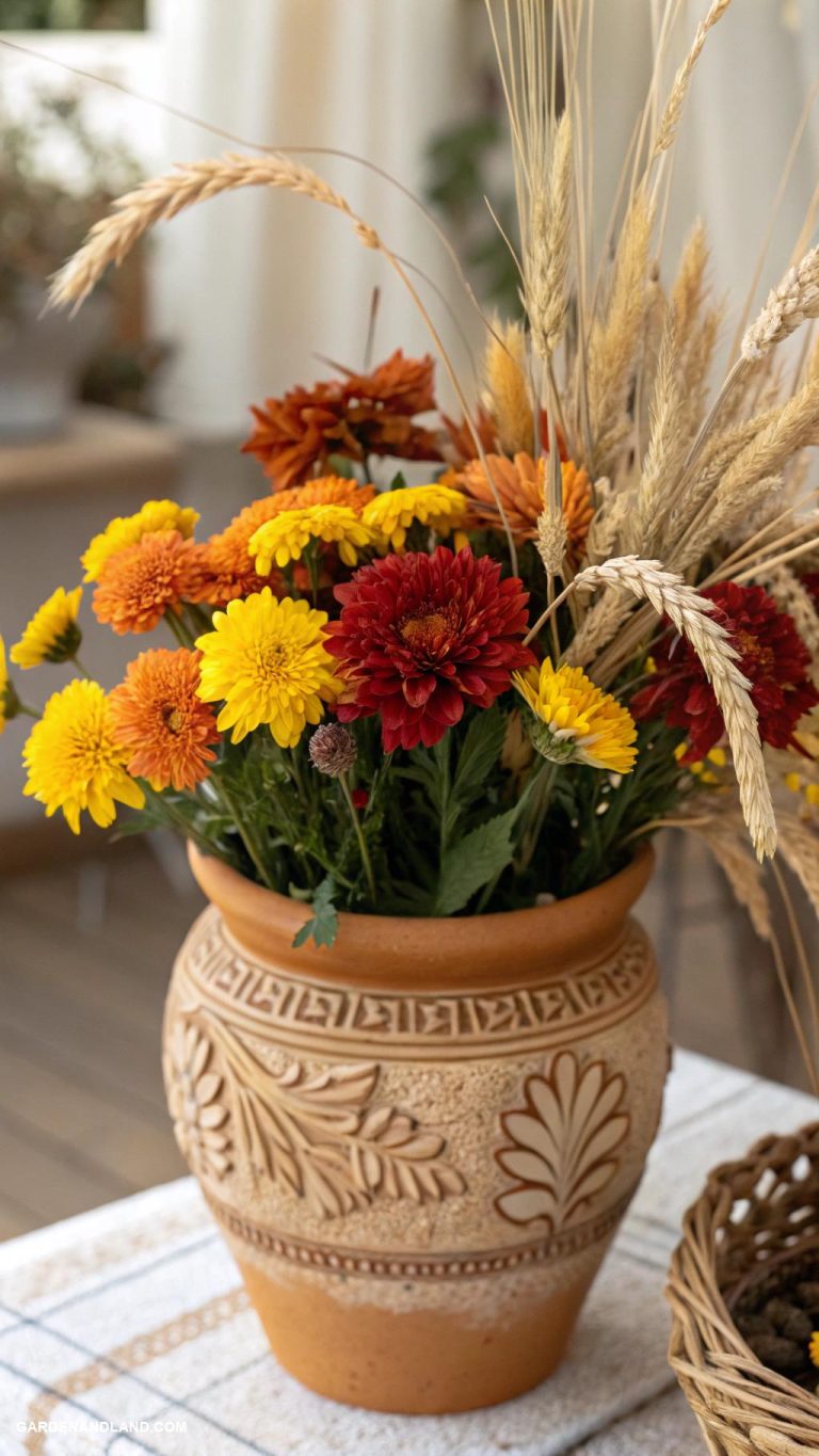 fall planter ideas Ceramic pots with mixed straw and flowers
