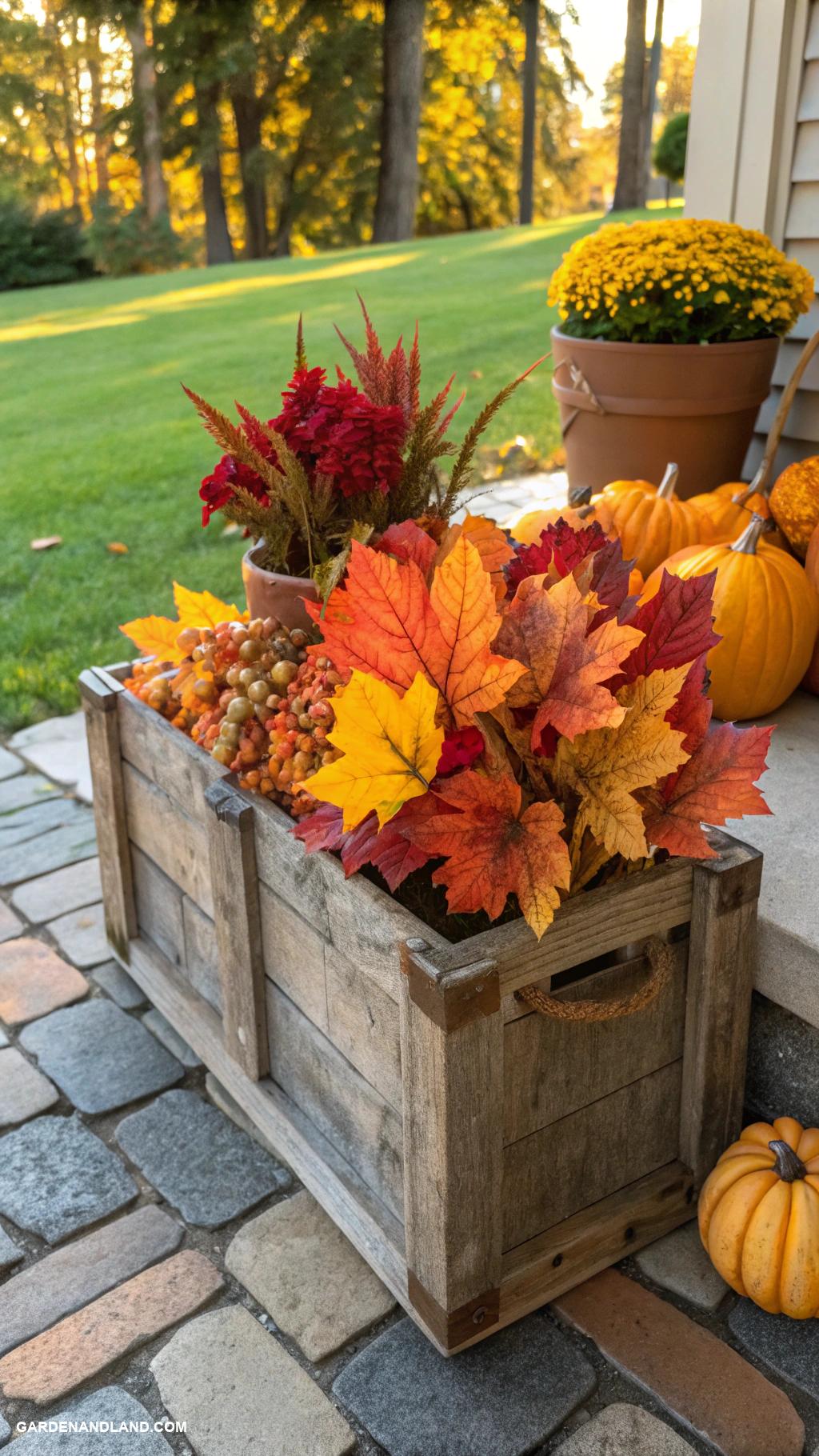 fall planter ideas Decorative crates with autumn foliage displays