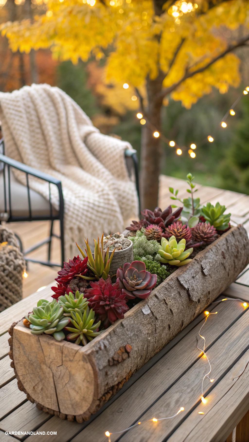 fall planter ideas Hollowed logs with colorful succulents