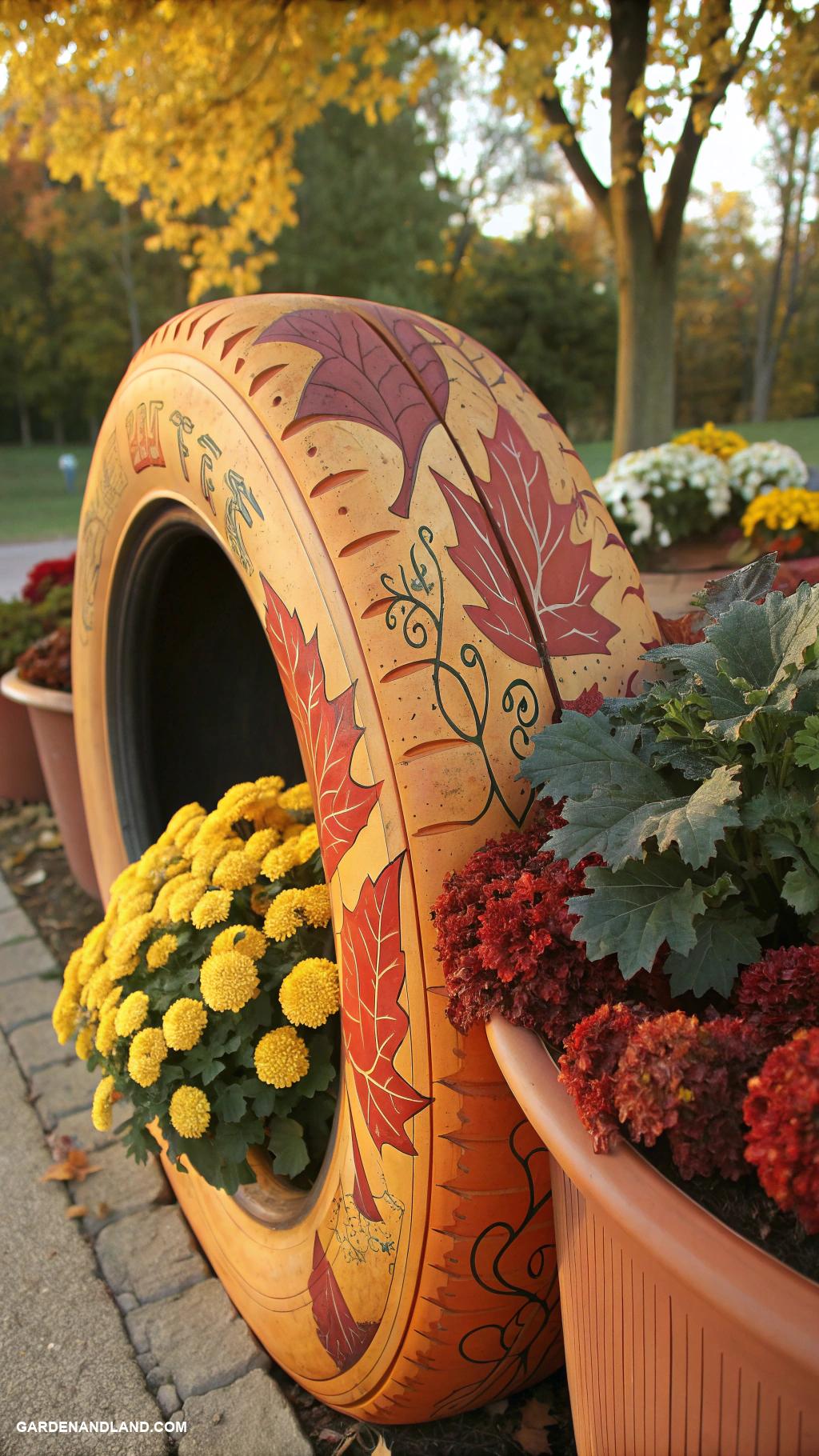 fall planter ideas Old tires painted with autumn designs