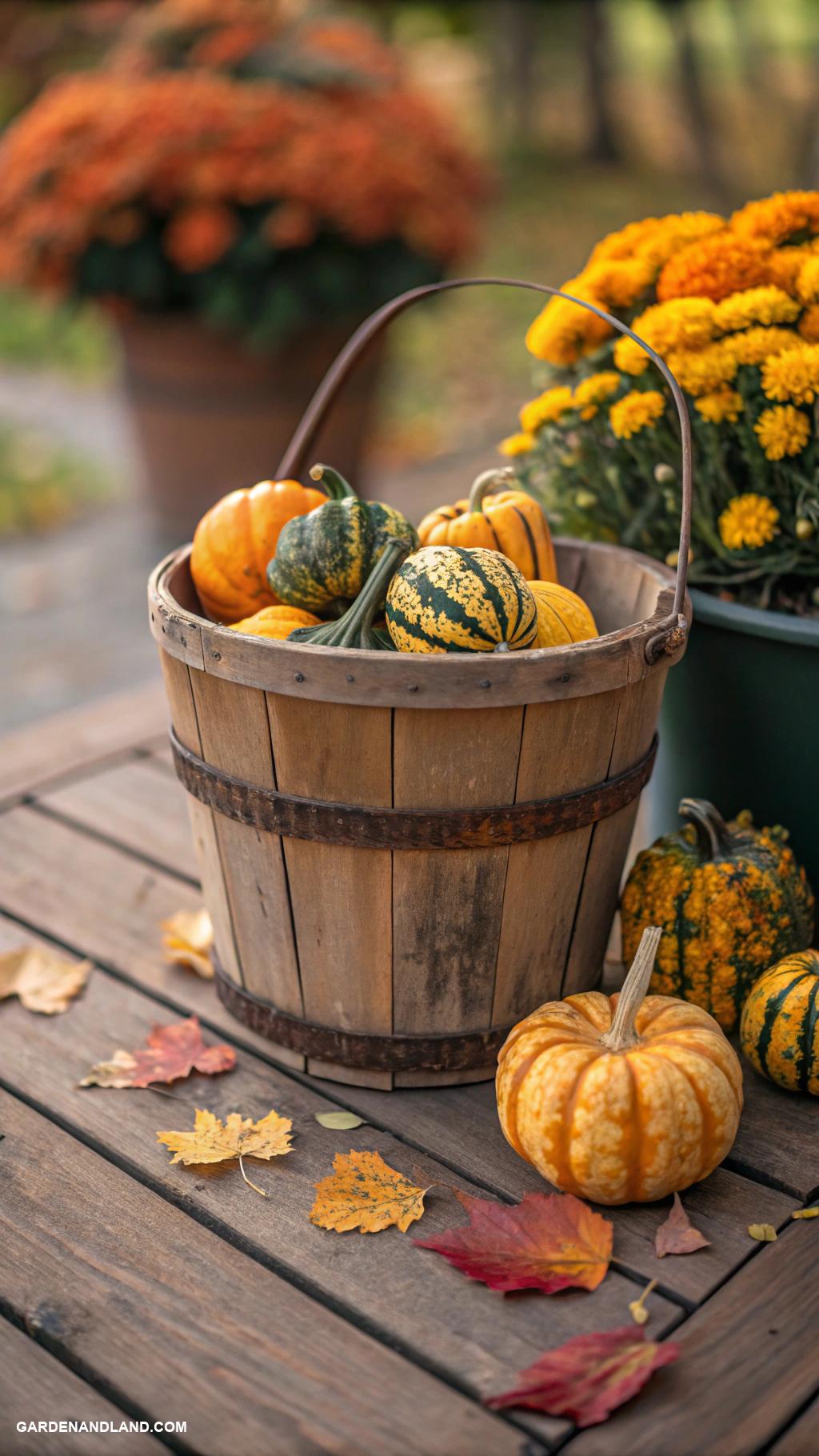 fall planter ideas Rustic buckets with small ornamental gourds