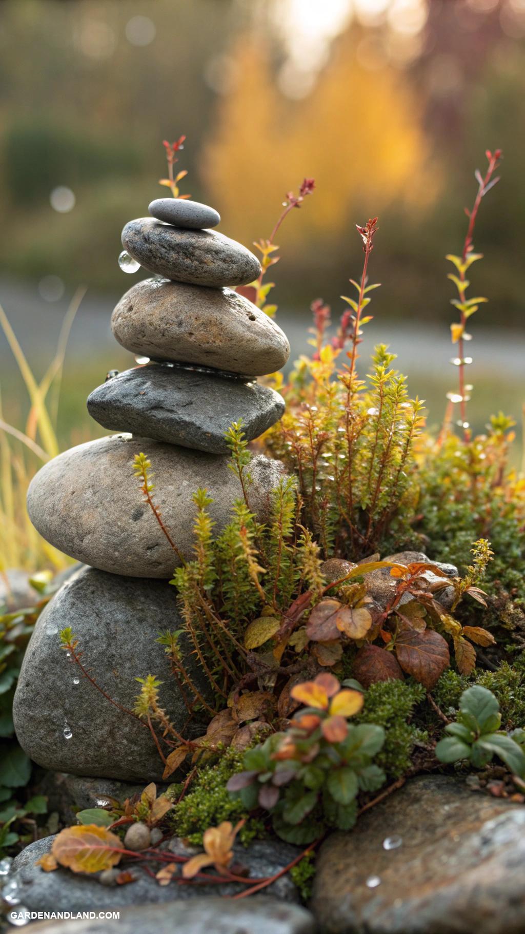 fall planter ideas Stacked stones with creeping thyme plants
