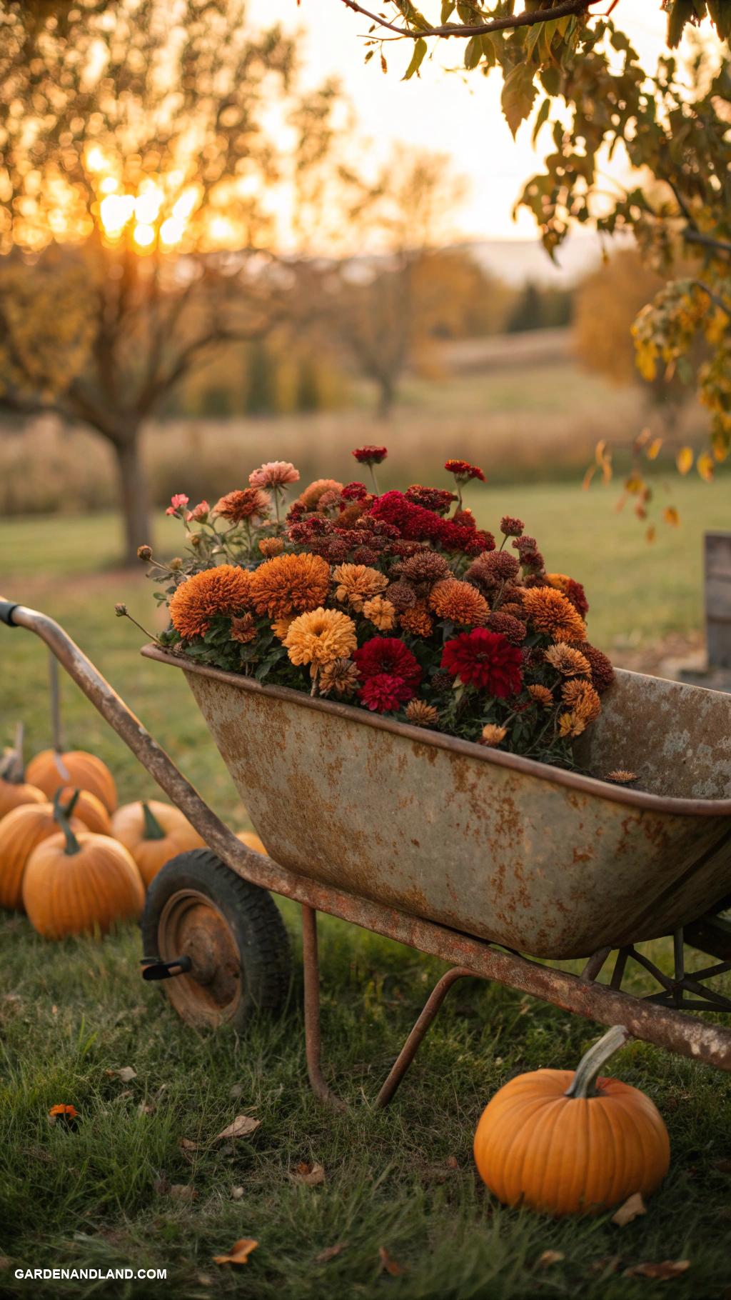 fall planter ideas Vintage wheelbarrow filled with dried flowers