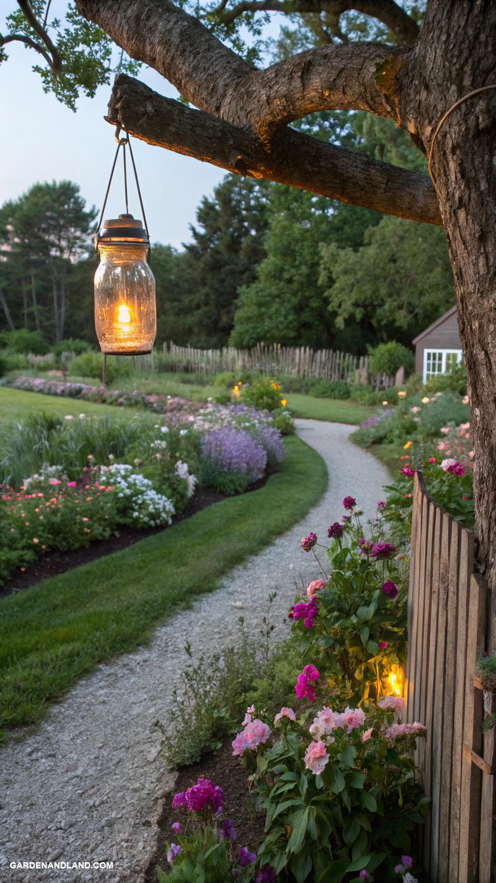 farmhouse landscaping ideas Glass jar lanterns hanging from trees