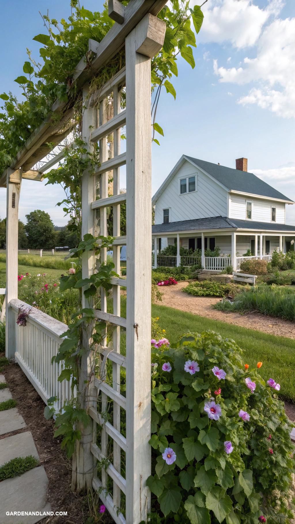 farmhouse landscaping ideas Lattice trellises adorned with climbing vines