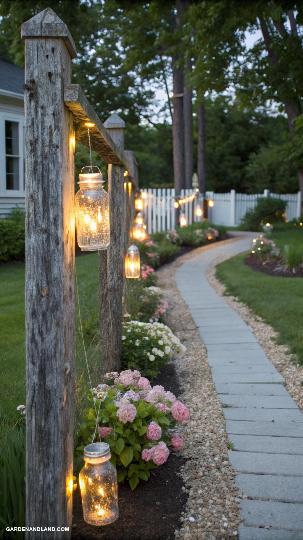 farmhouse landscaping ideas Mason jar sconce lights lining paths