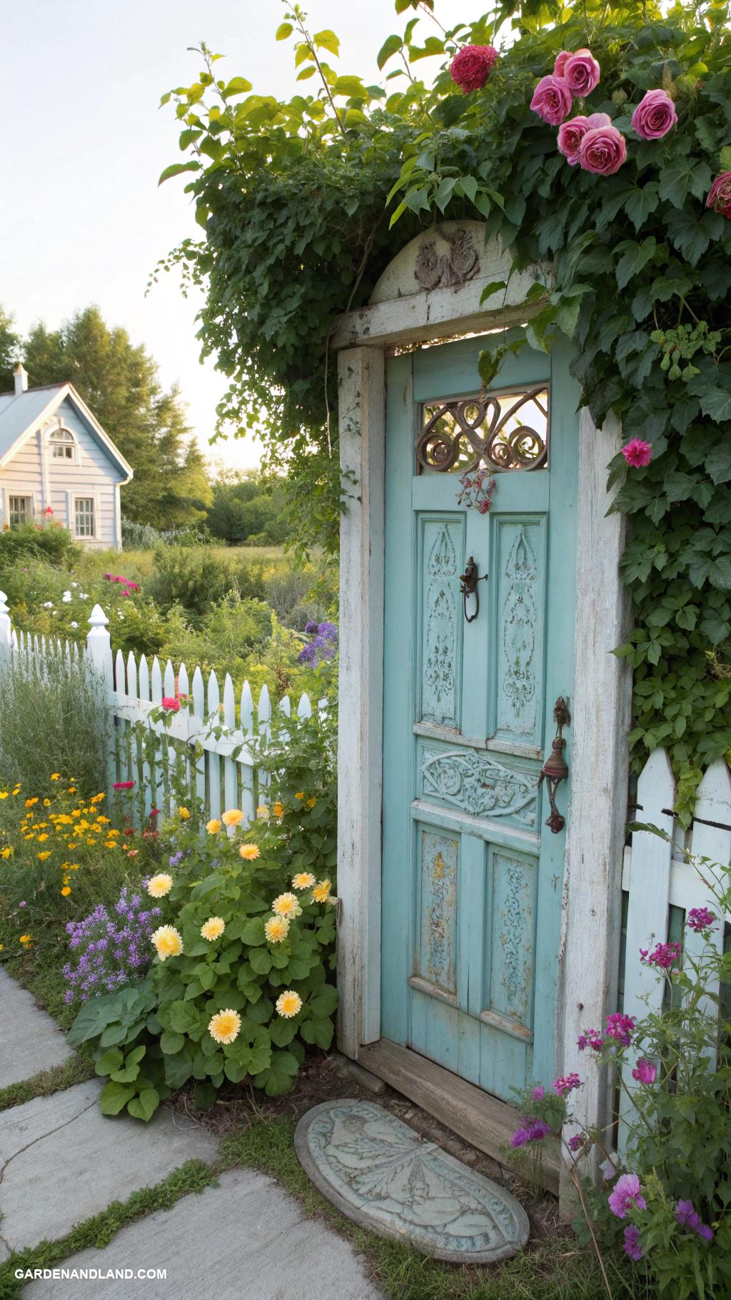 farmhouse landscaping ideas Old doors transformed into decorative garden gates