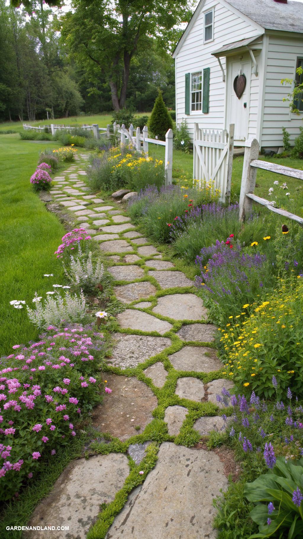 farmhouse landscaping ideas Rustic stone pathways guiding through garden
