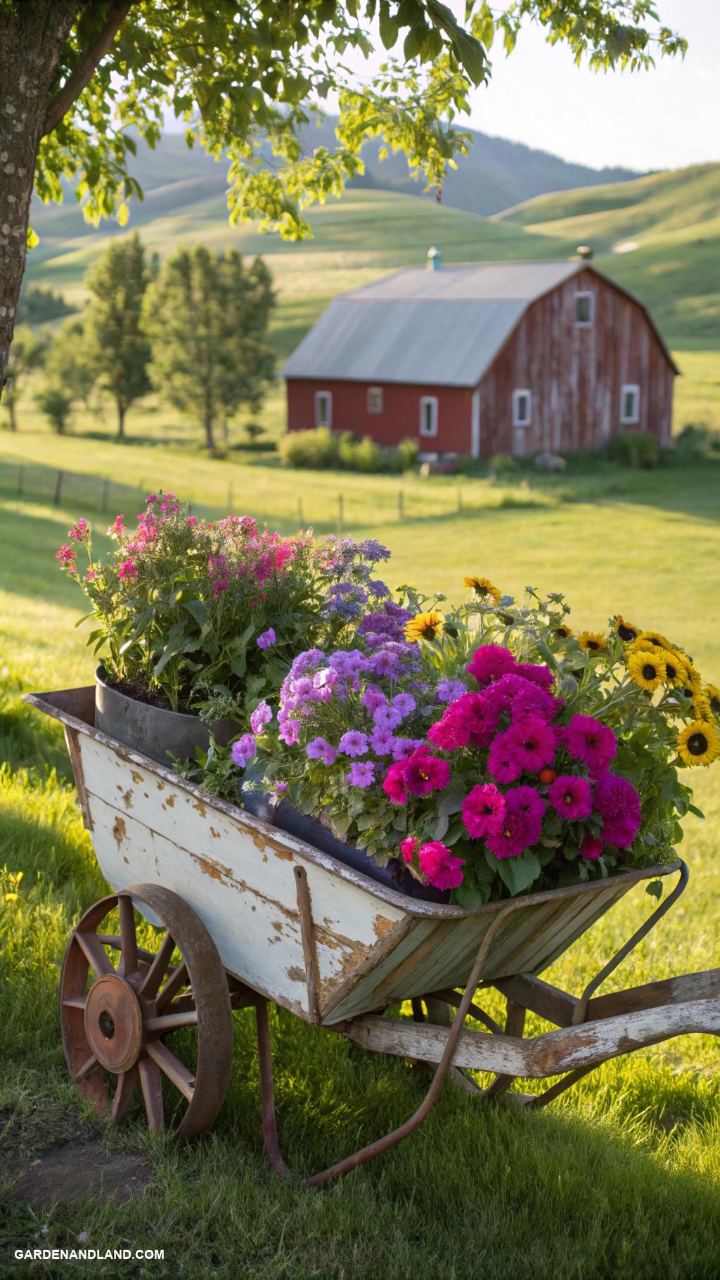 farmhouse landscaping ideas Vintage wheelbarrow as flower planter centerpiece