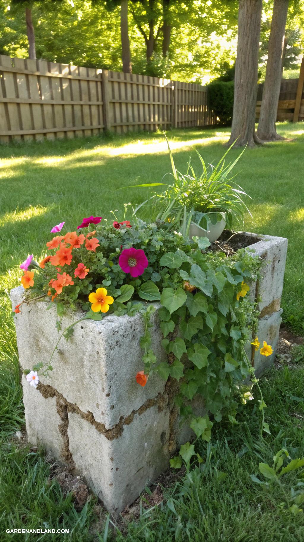flower pot arrangements outdoor Concrete blocks as rustic plant holders