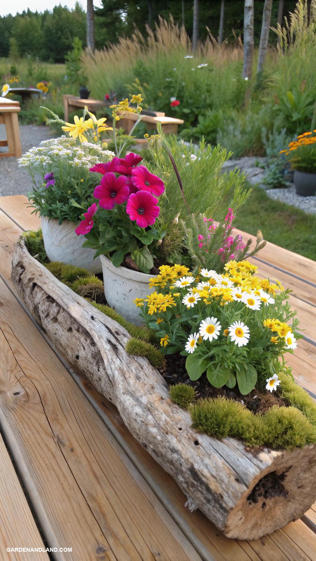flower pot arrangements outdoor Driftwood centerpiece with potted flowers