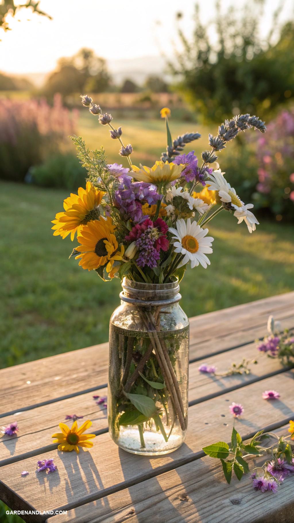 flower pot arrangements outdoor Mason jars filled with wildflowers