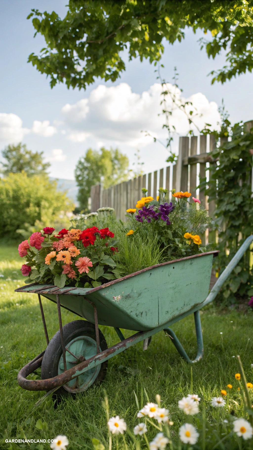 flower pot arrangements outdoor Repurposed wheelbarrow filled with vibrant blooms