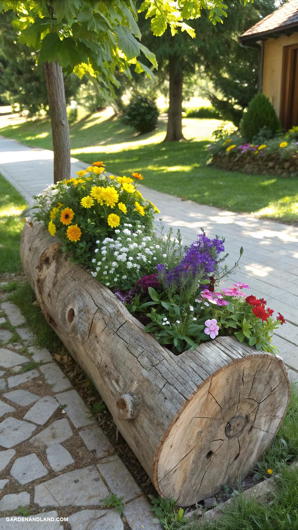 flower pot ideas Hollowed logs for rustic charm