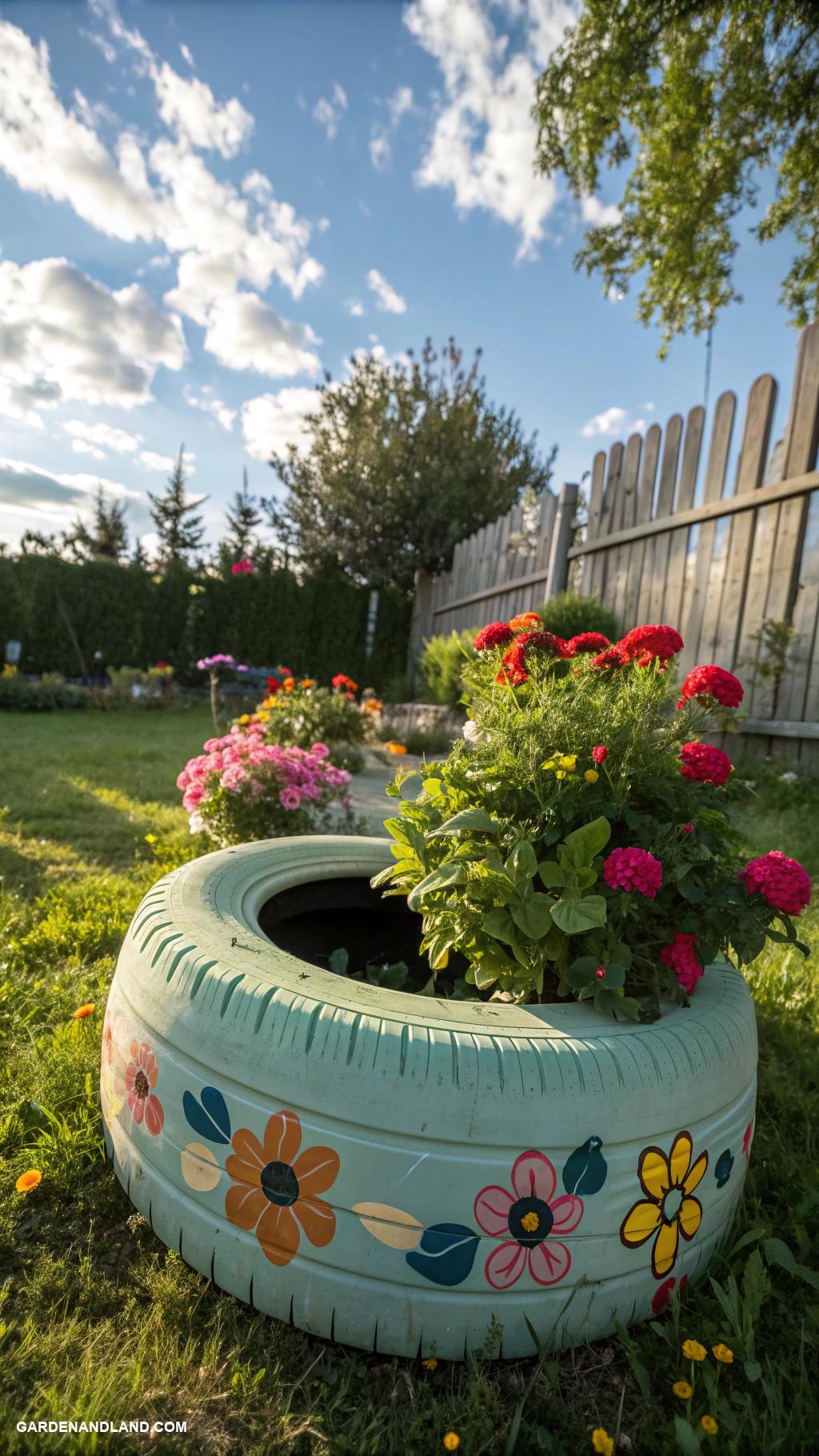 flower pot ideas Old tires stacked for a playful design
