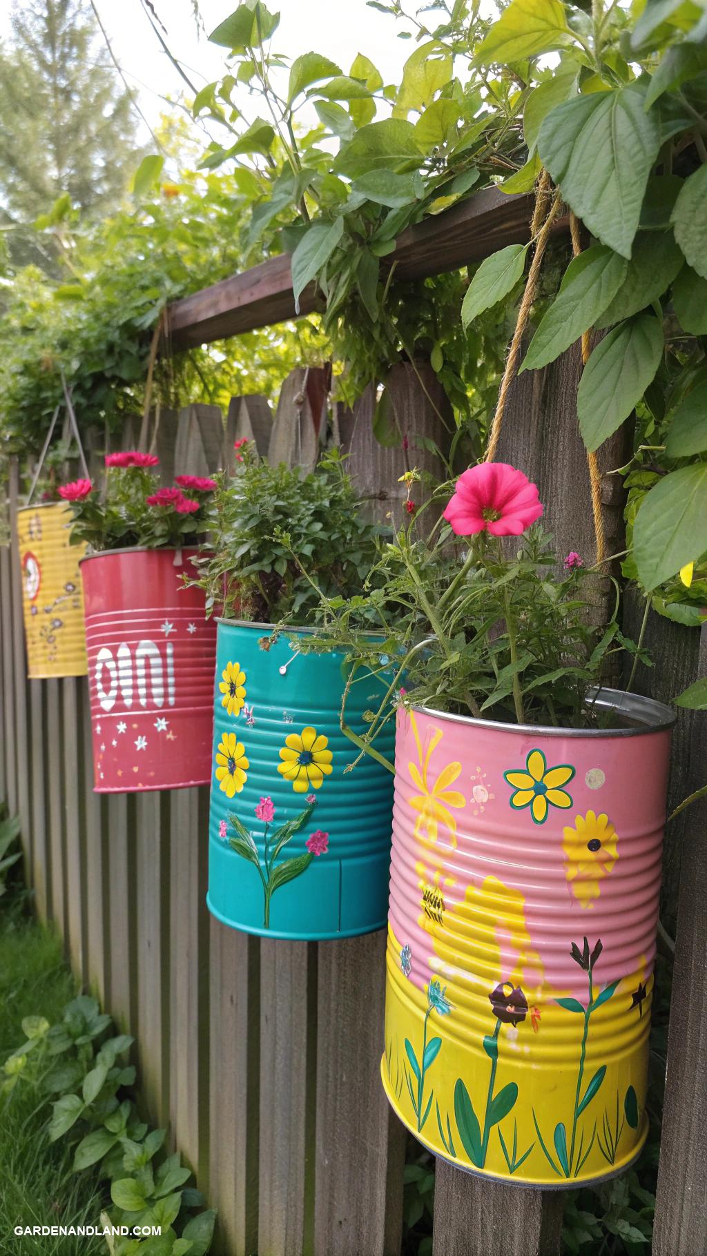 flower pot ideas Tin cans turned into garden wall art