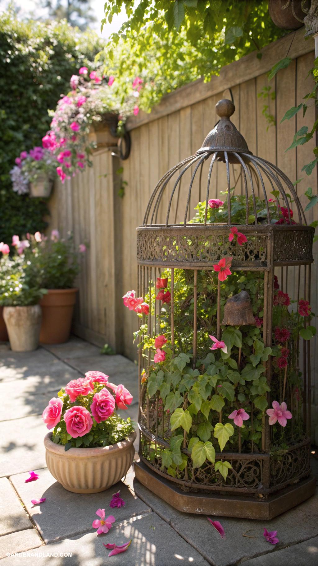 flower pot ideas Vintage birdcages filled with greenery