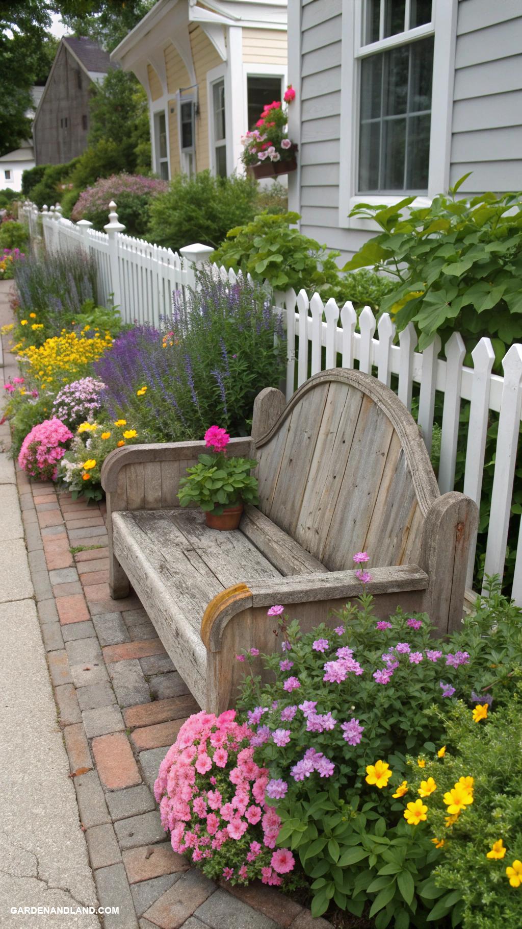front of house landscaping ideas Charming wooden bench with surrounding blooms