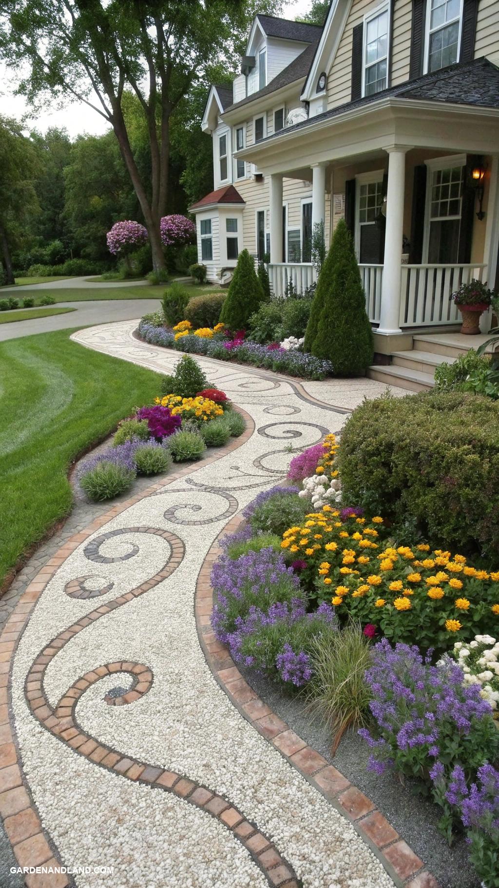 front of house landscaping ideas Decorative gravel driveway with artistic patterns