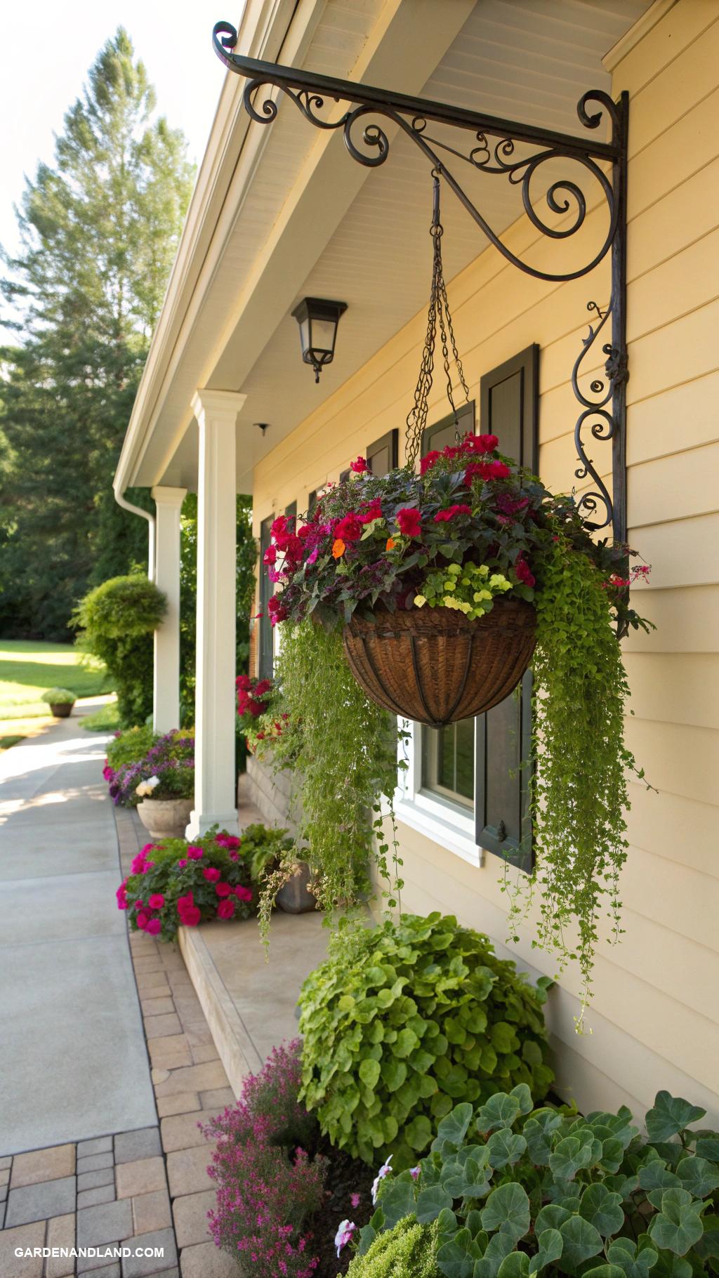 front of house landscaping ideas Hanging planters for eye level greenery