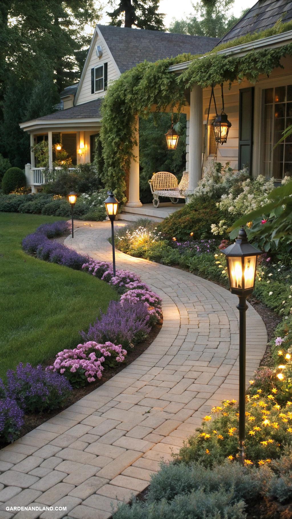 front of house landscaping ideas Inviting pathway with solar powered lights