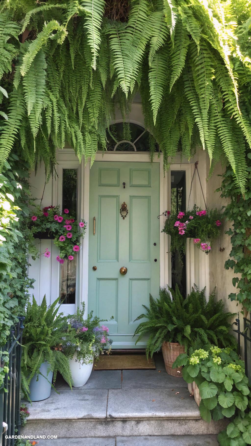 front of house landscaping ideas Lush ferns framing front door entrance