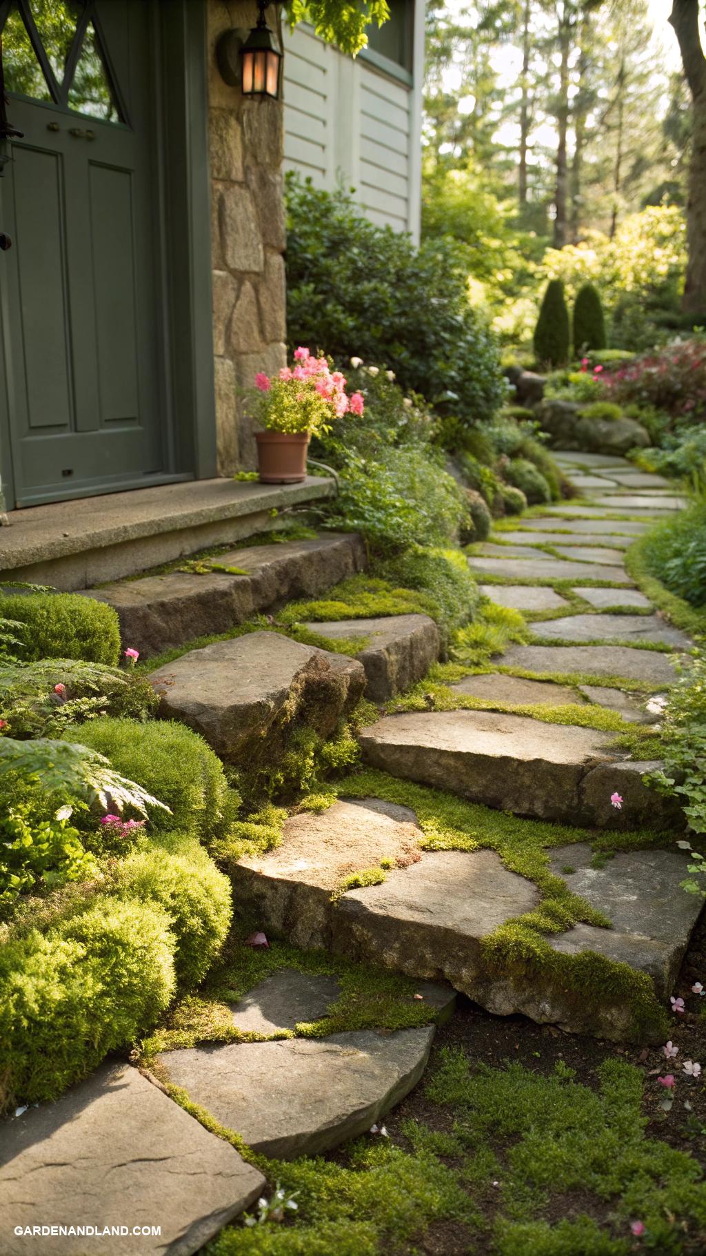 front of house landscaping ideas Natural stone steps with surrounding moss