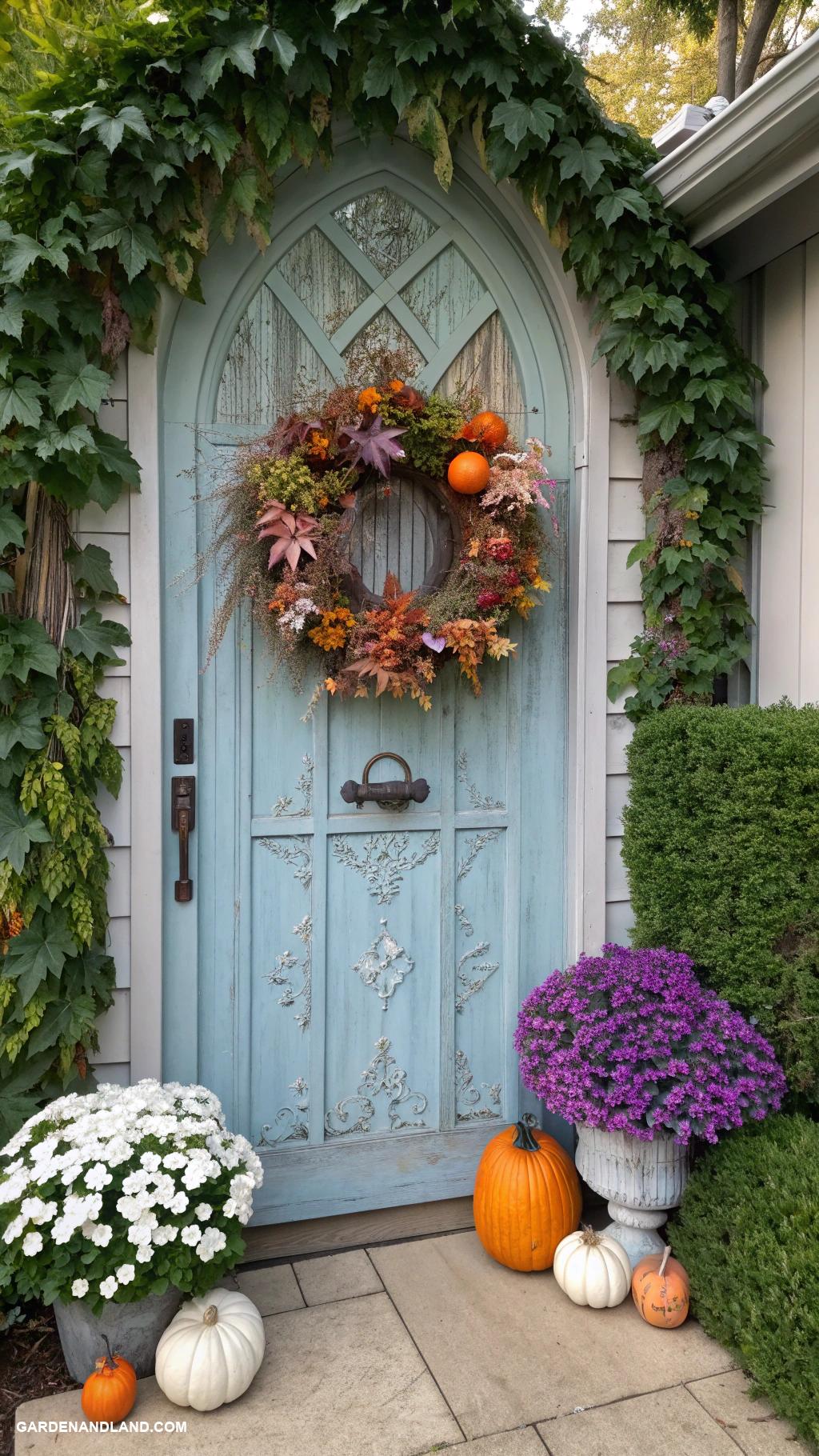 front of house landscaping ideas Seasonal wreath on front door display
