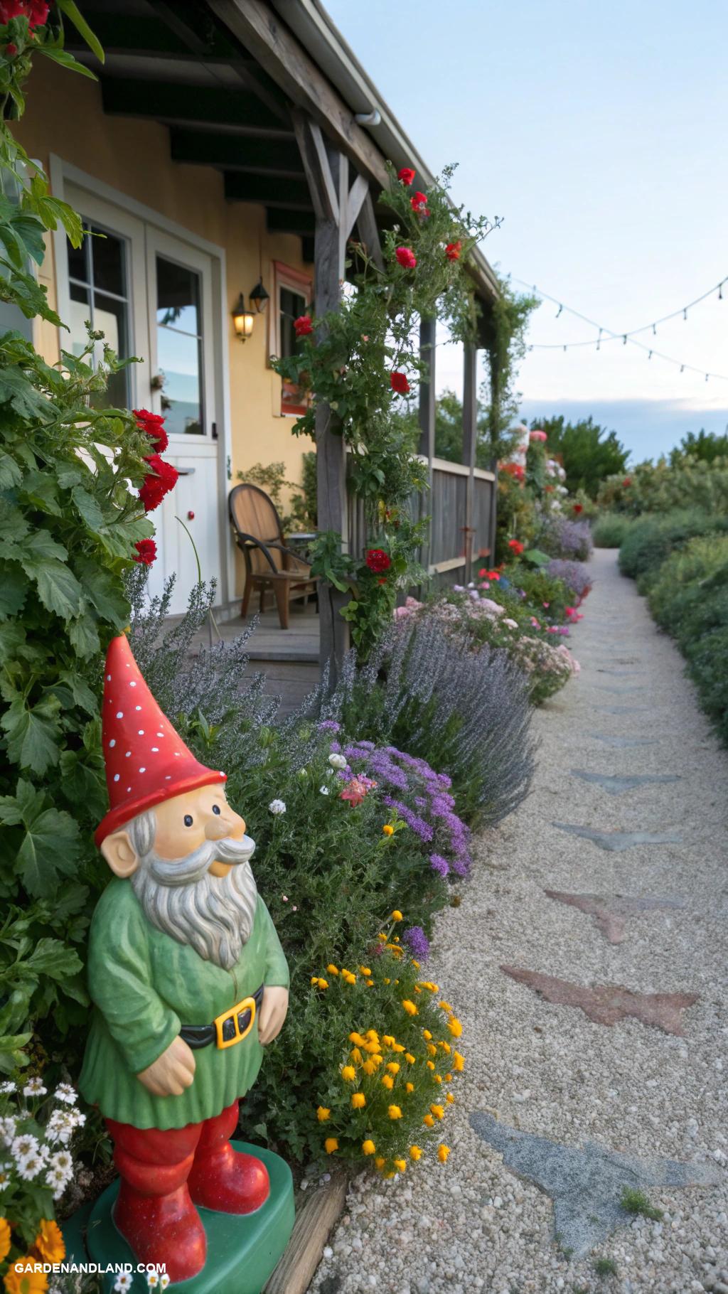 front of house landscaping ideas Whimsical garden gnome accents along path