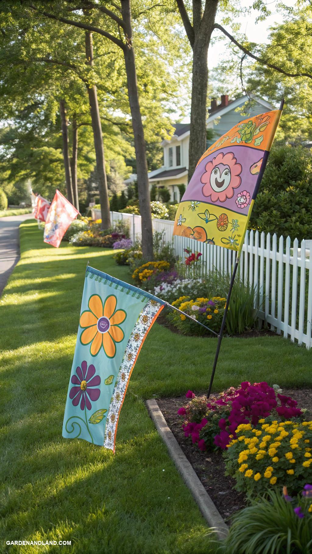 front yard decor Colorful garden flags fluttering in the wind