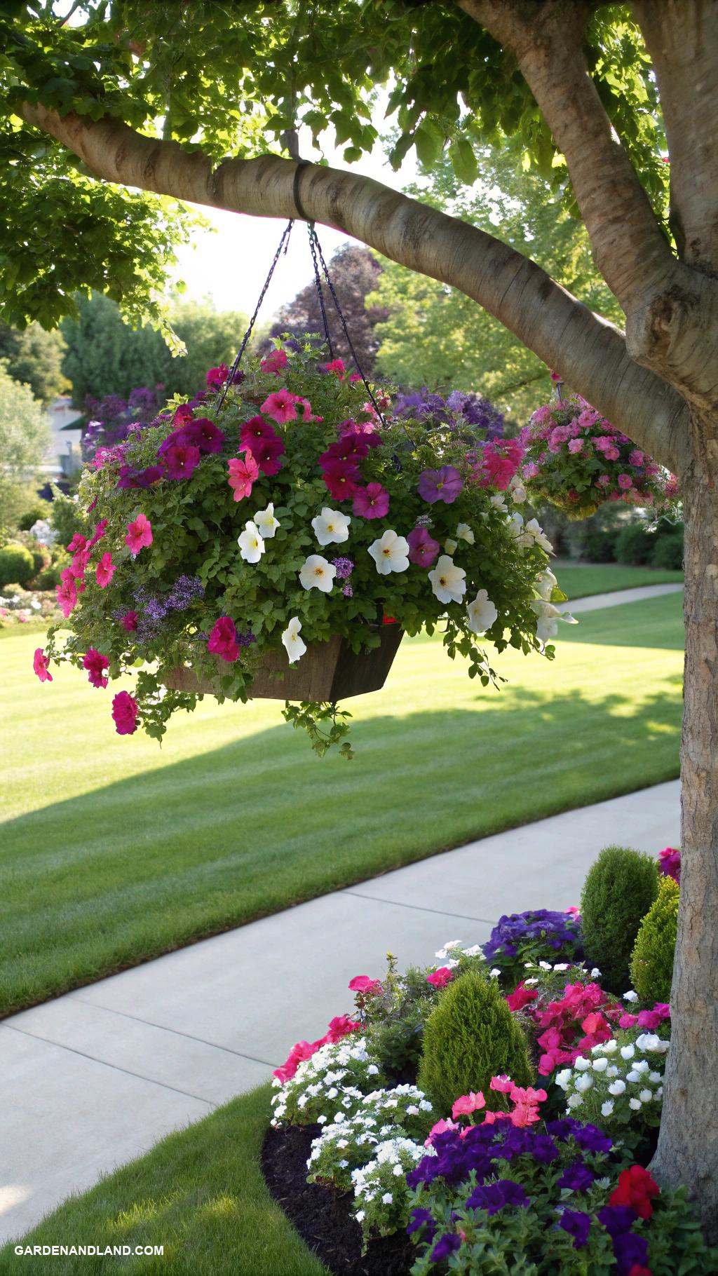 front yard decor Hanging flower planters from tree branches