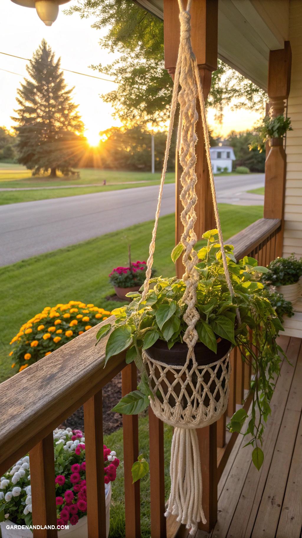front yard decor Macrame plant hangers on porch railings