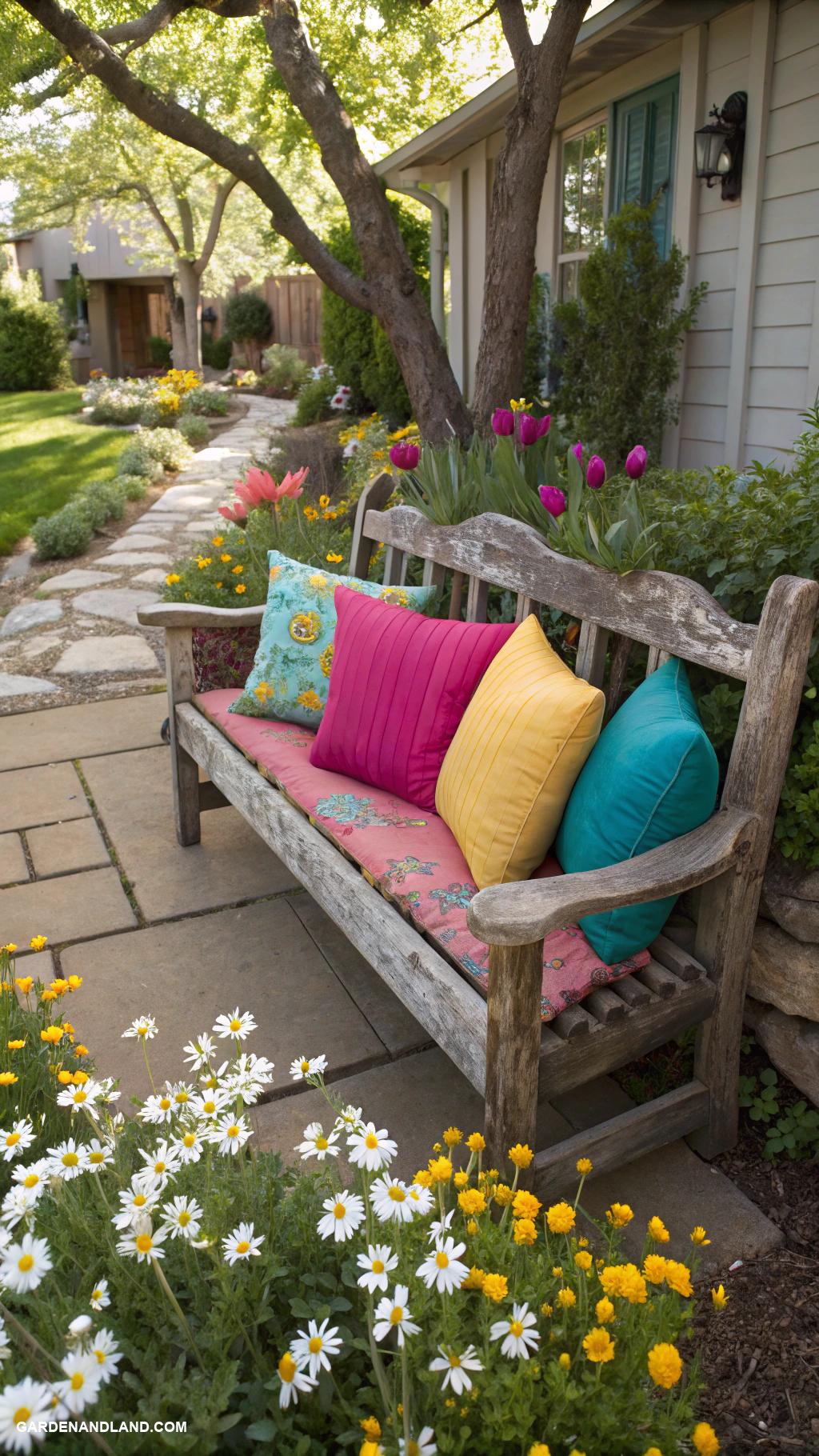 front yard decor Rustic wooden benches with colorful cushions