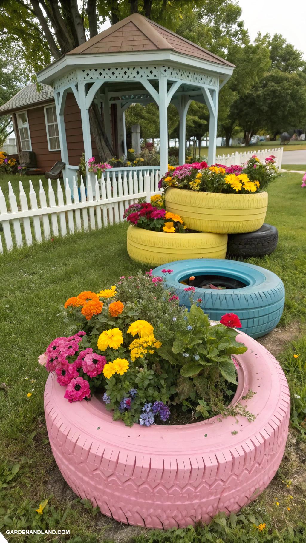front yard decor Upcycled tires as vibrant flower containers