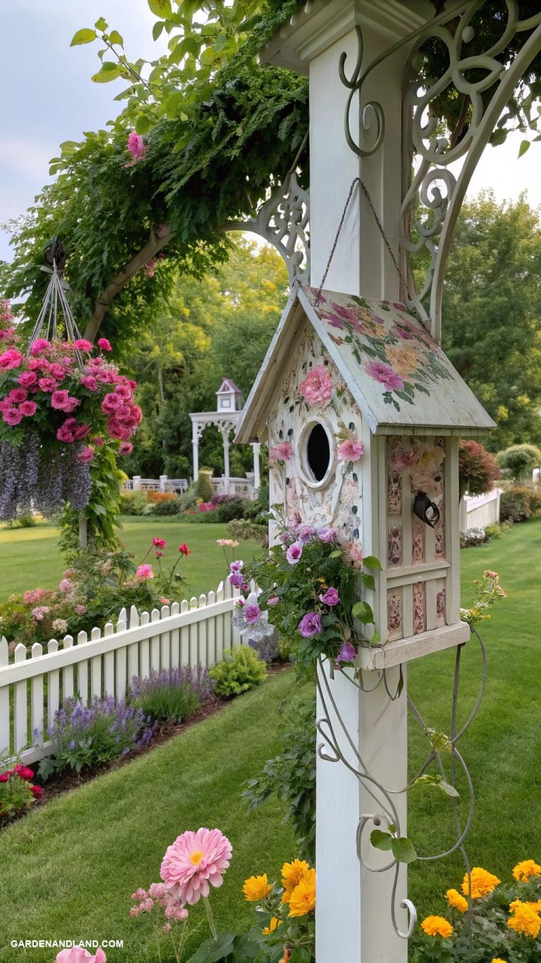 front yard decor Vintage birdhouses hanging from trellises