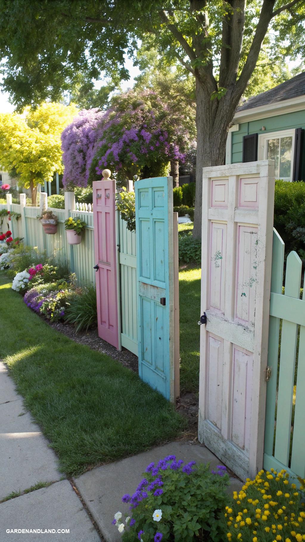 front yard fence ideas Colorful reclaimed door fencing installation