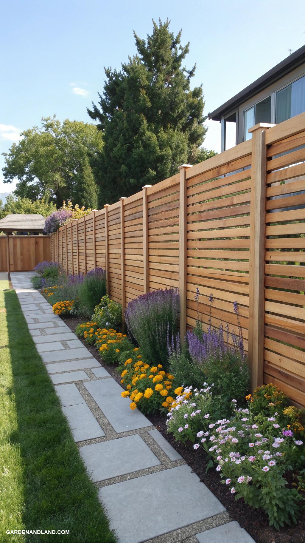 front yard fence ideas Horizontal slatted wood for contemporary design