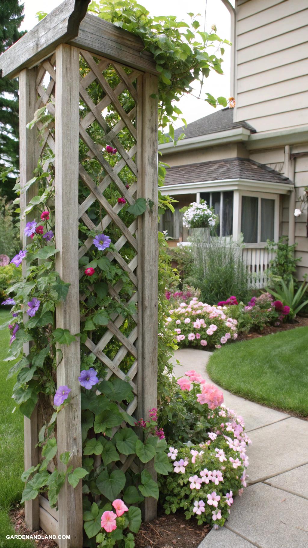 front yard fence ideas Lattice trellis adorned with climbing vines