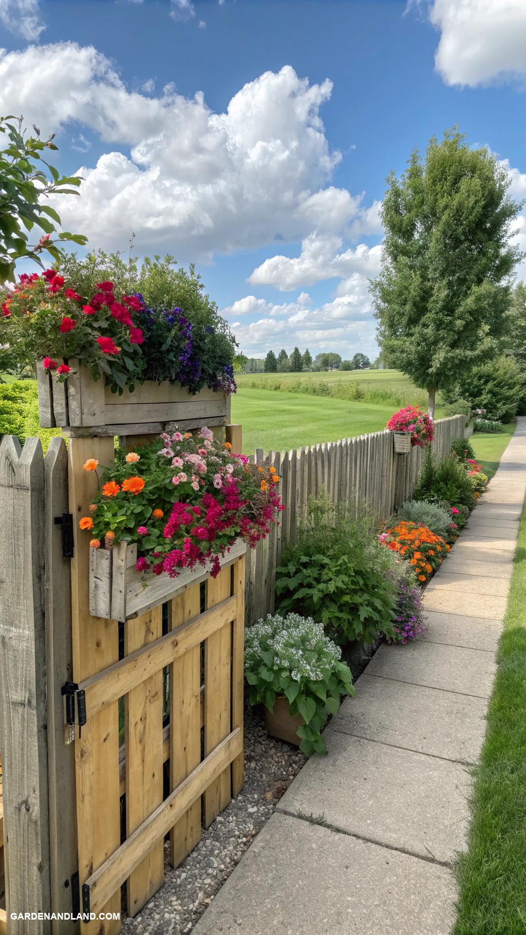front yard fence ideas Rustic wooden pallet fence with flower boxes