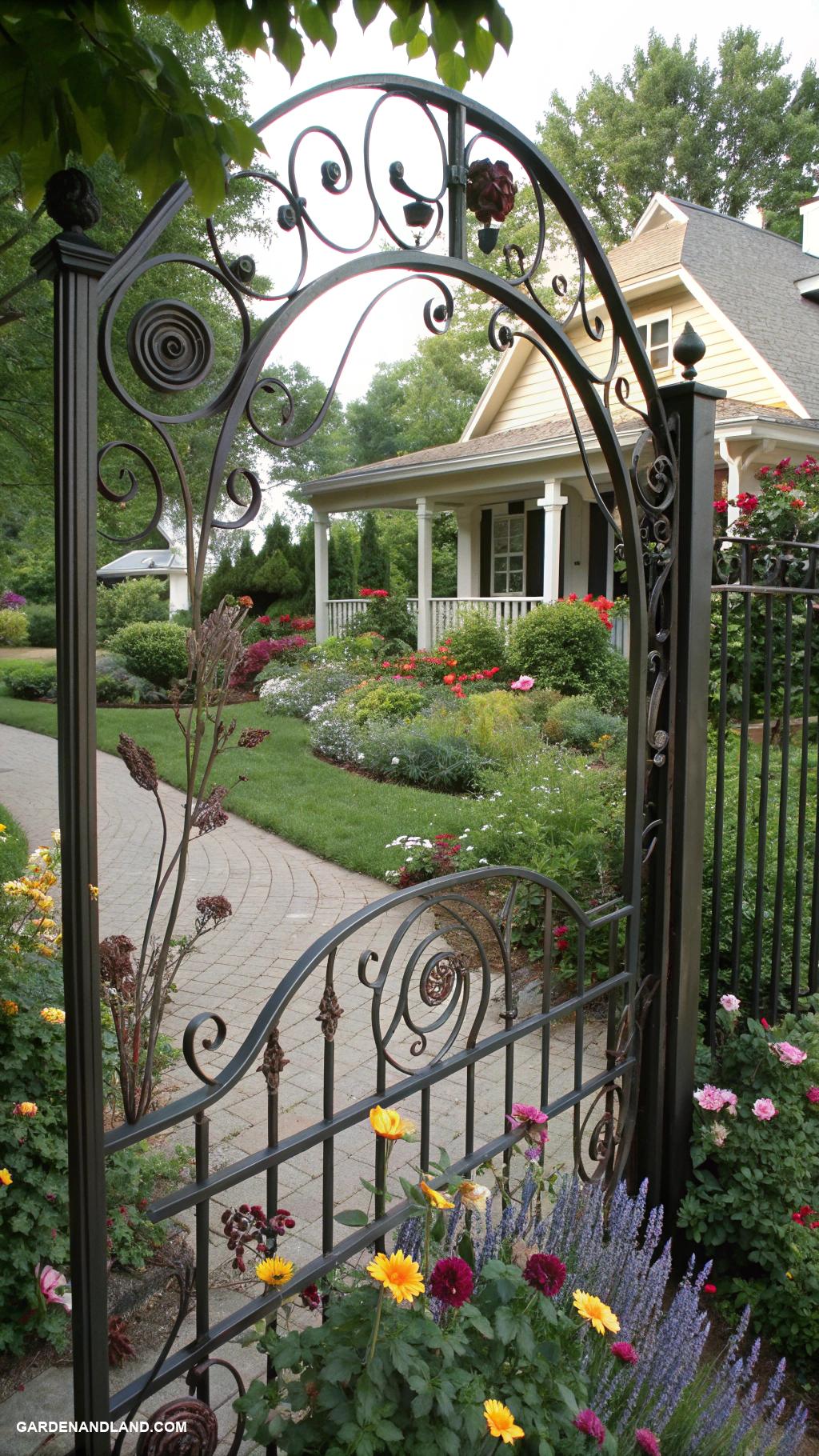 front yard fence ideas Wrought iron with decorative floral motifs