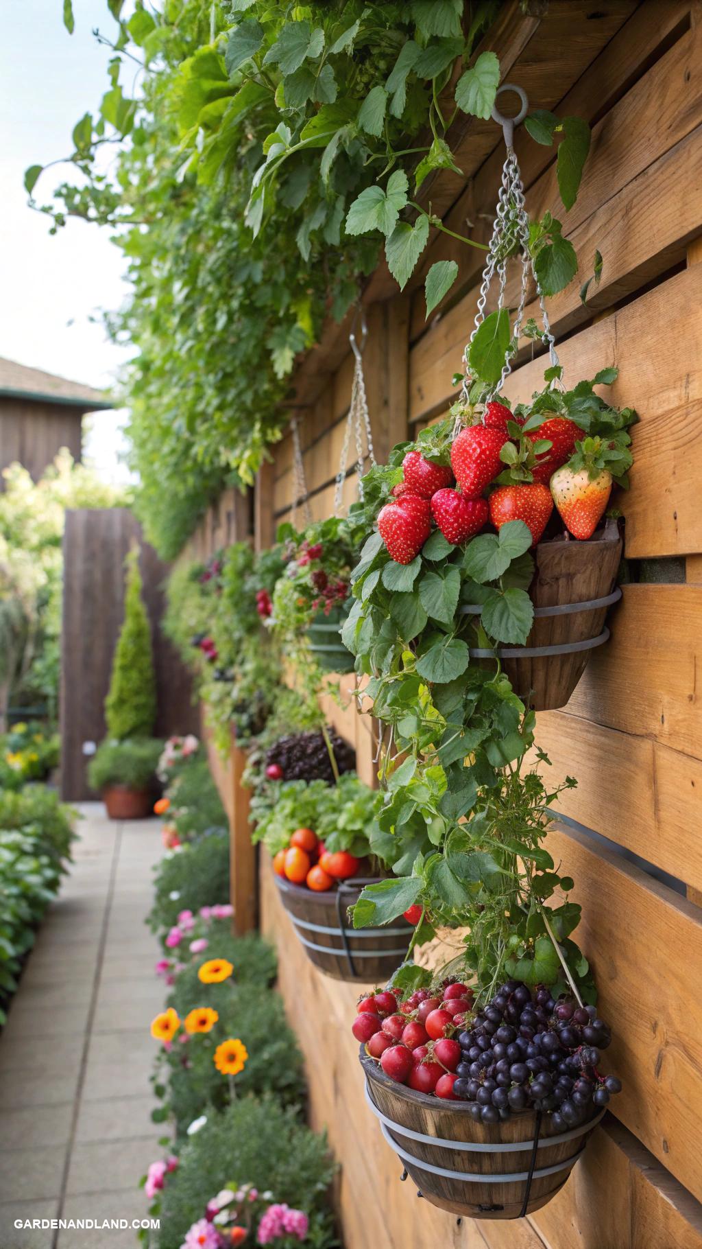 fruit garden ideas Vertical garden with hanging fruit planters