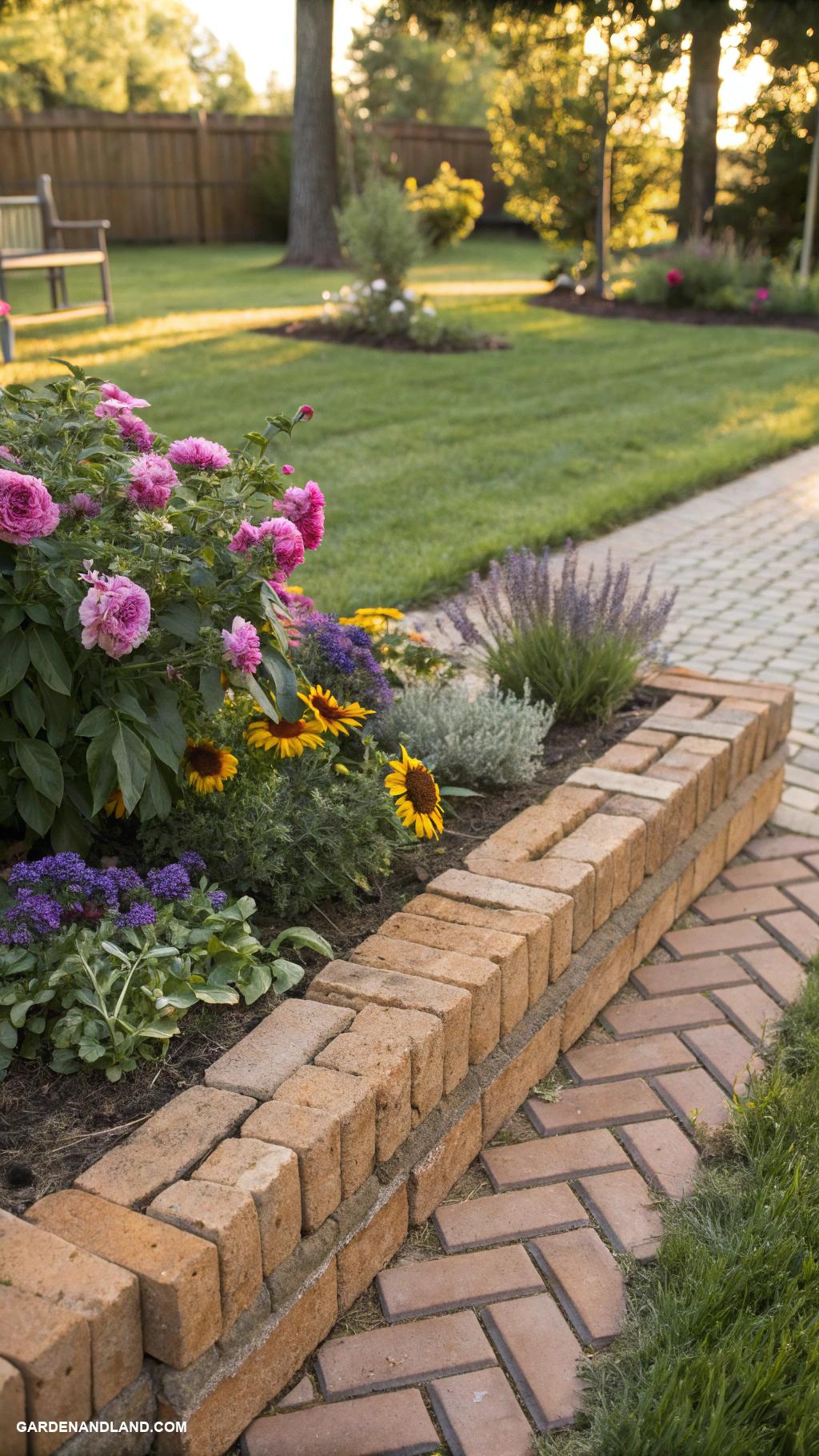 garden bed edging Bricks arranged in a herringbone pattern